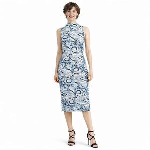 ZARA Blue & White Medium Sleeveless Ribbed Midi Dress Abstract Marble Print